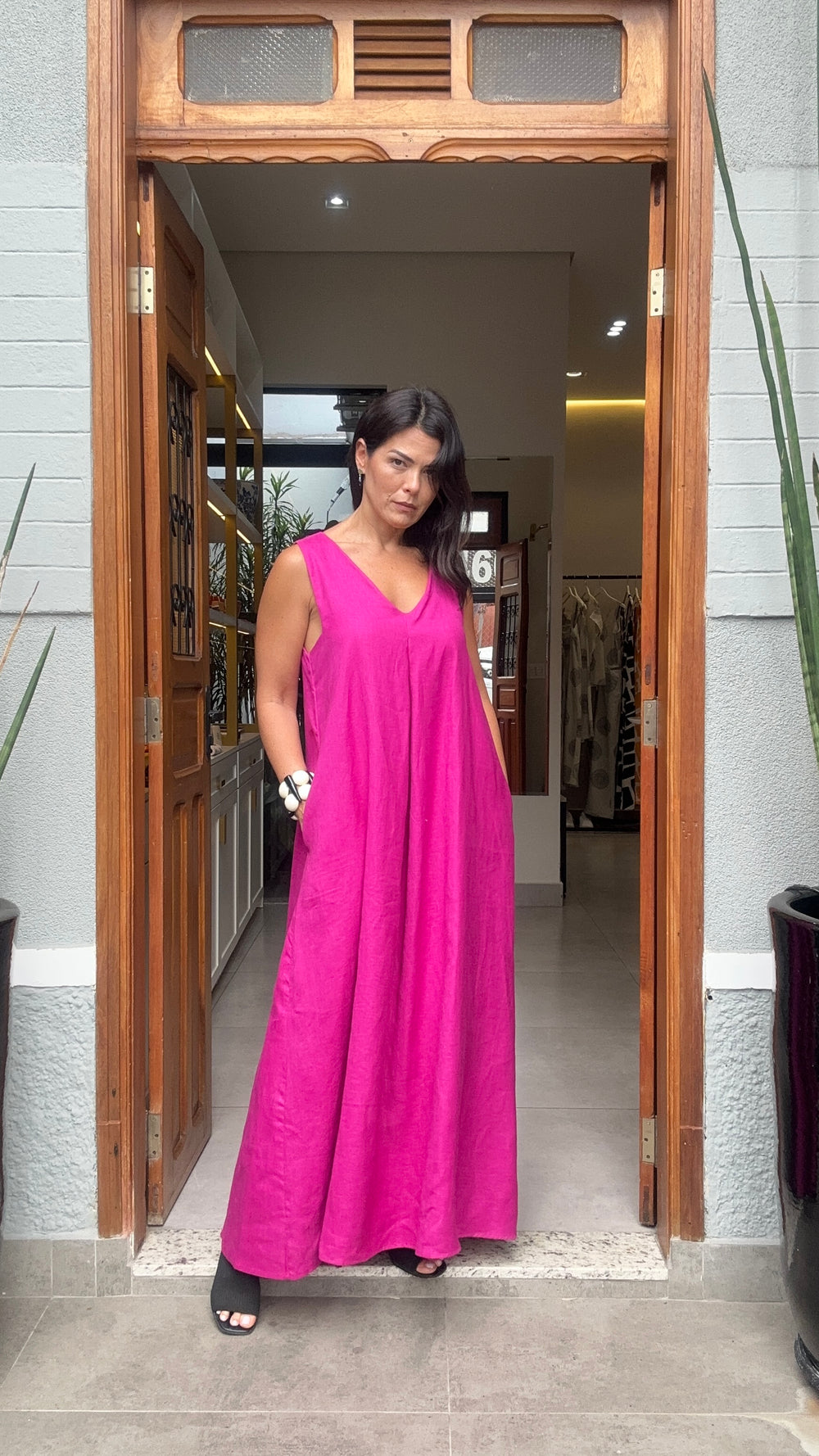 Vestido Pregas Linho Fúcsia EZILDINHA