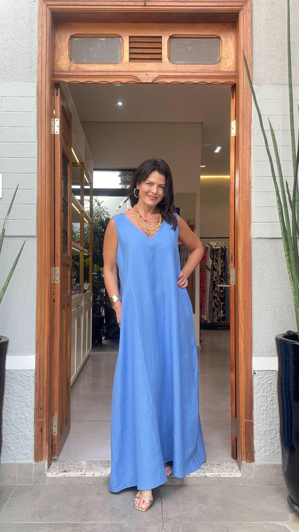 Vestido Paula Linho Azul EZILDINHA